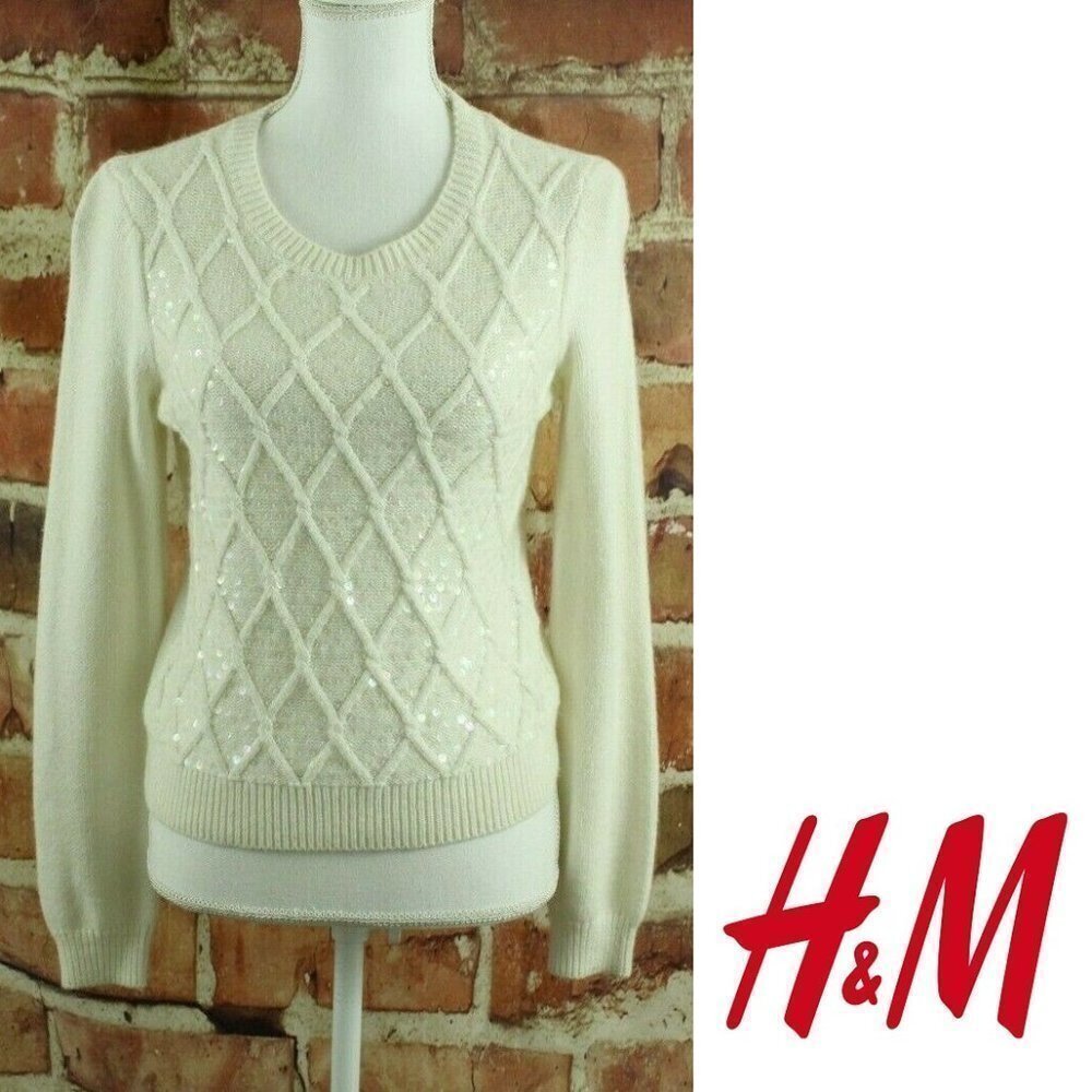 H&M Cable Knit Sequin Sweater Womens S Ivory Holiday Knit Sparkle Cute EUC